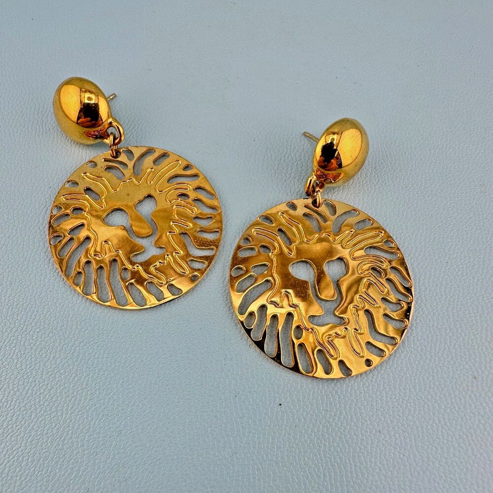 Vintage Anne Klein Lion Head Earrings Logo Shiny Gold Tone Pierced Dangle